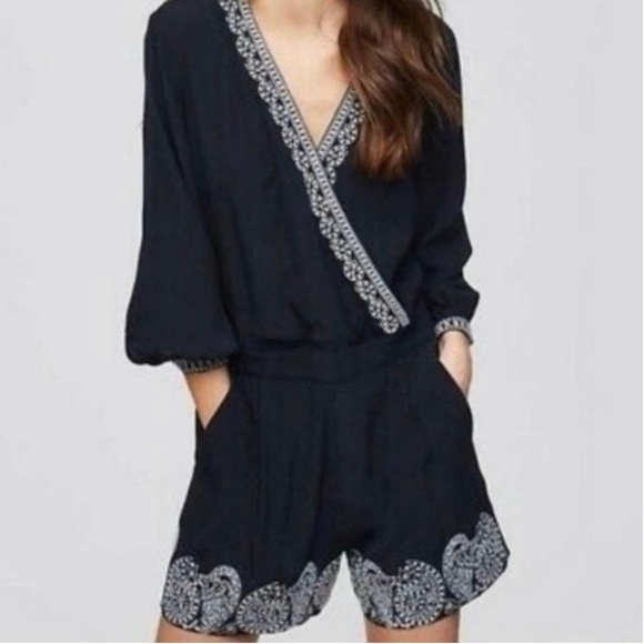 LOFT Long Sleeve V Neck Embroidered Boho Dressy Shorts Romper Black Size S - Picture 1 of 11
